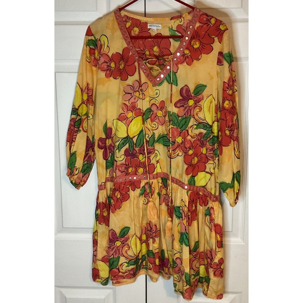 Modaposa Lace Up Floral Boho Sundress Dress Coverup Pockets 100% Cotton Large